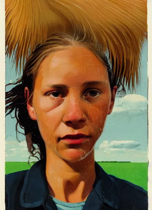 Image similar to composition by justine kurland, an extreme up - close portrait of a beautiful tan skinned light brown hair maid cleaning in a scenic representation of mother nature and the meaning of life by billy childish, thick visible brush strokes, shadowy landscape painting in the background by beal gifford, vintage postcard illustration, minimalist cover art by mitchell hooks