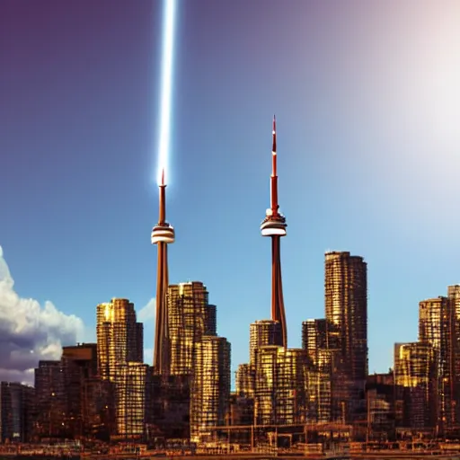 Image similar to Toronto tourist guide with planet mars as a head, dramatic cinematic lighting, Toronto landmarks background