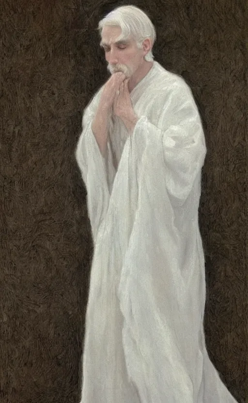 Prompt: say who is this with silver hair so pale and wan! and thin? flowing hair covering front of body, white robe, white dress!! of silver hair, covered!!, clothed!! lucien levy - dhurmer, fernand keller, oil on canvas, 1 8 9 6, 4 k resolution, aesthetic, mystery