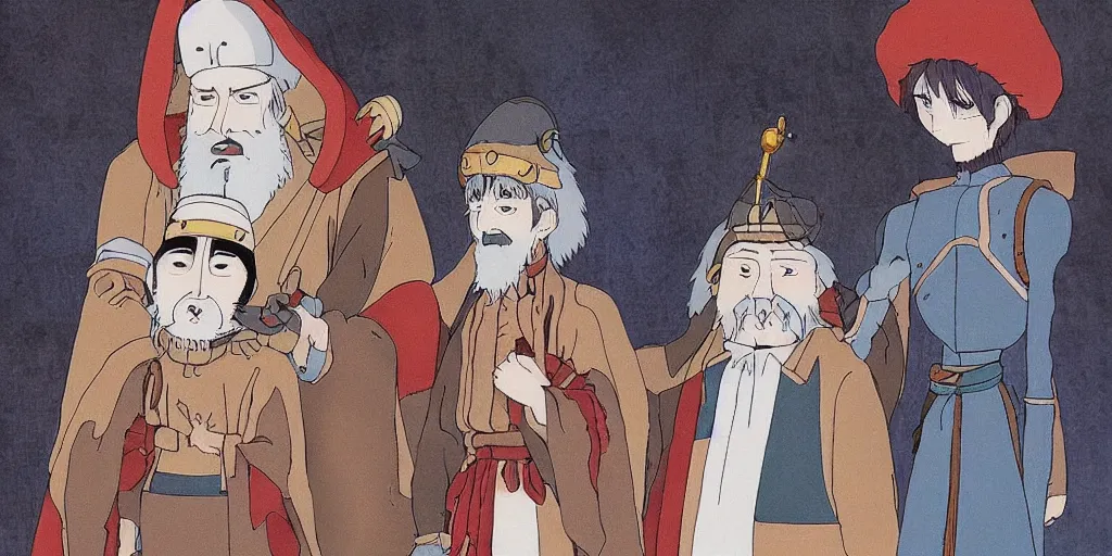 Prompt: Ivan the Terrible and his son anime characters, Ghibli style, Hayao Miyazaki, Kazua Oga