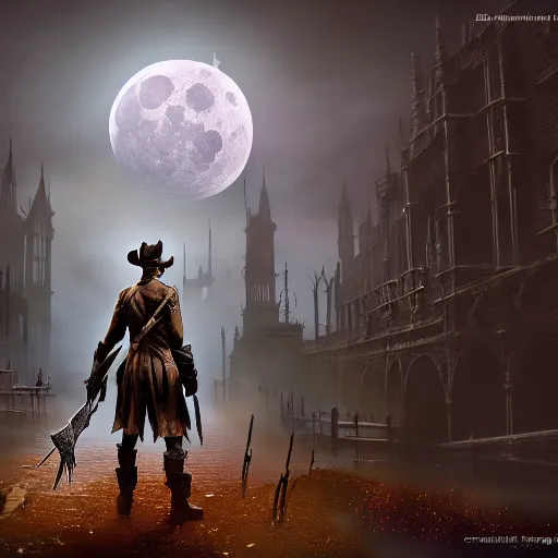 Image similar to a detailed 3 d render of darkwing duck dressed as the hunter from bloodborne, bloodborne, digital art, dark fantasy, concept art, soulslike, by alphonse mucha, blood moon eclipse, wherewolves in a ruined building in the background, artstation, 8 k, unreal engine render