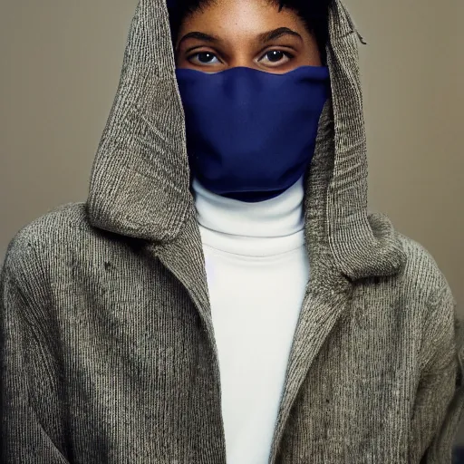 Image similar to realistic photoshooting for a new balenciaga lookbook, color film photography, portrait of a beautiful woman, model is wearing a balaclava mask, in style of tyler mitchell, 3 5 mm,