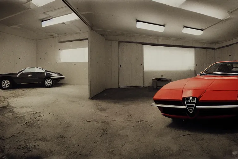 Image similar to single 1973Alfa Romeo Montreal, inside of a minimalist Tokyo garage, ektachrome photograph, volumetric lighting, f8 aperture, cinematic Eastman 5384 film