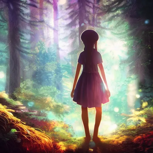 Prompt: magical forest, girl sleeping in a distance, full of light, animated film, cinematography, atmosphere, highly detailed heavenly dramatic lighting, highly realistic cinematic lighting, volumetric lighting, photography, anime style, cinema, epic high dynamic lighting, hdr