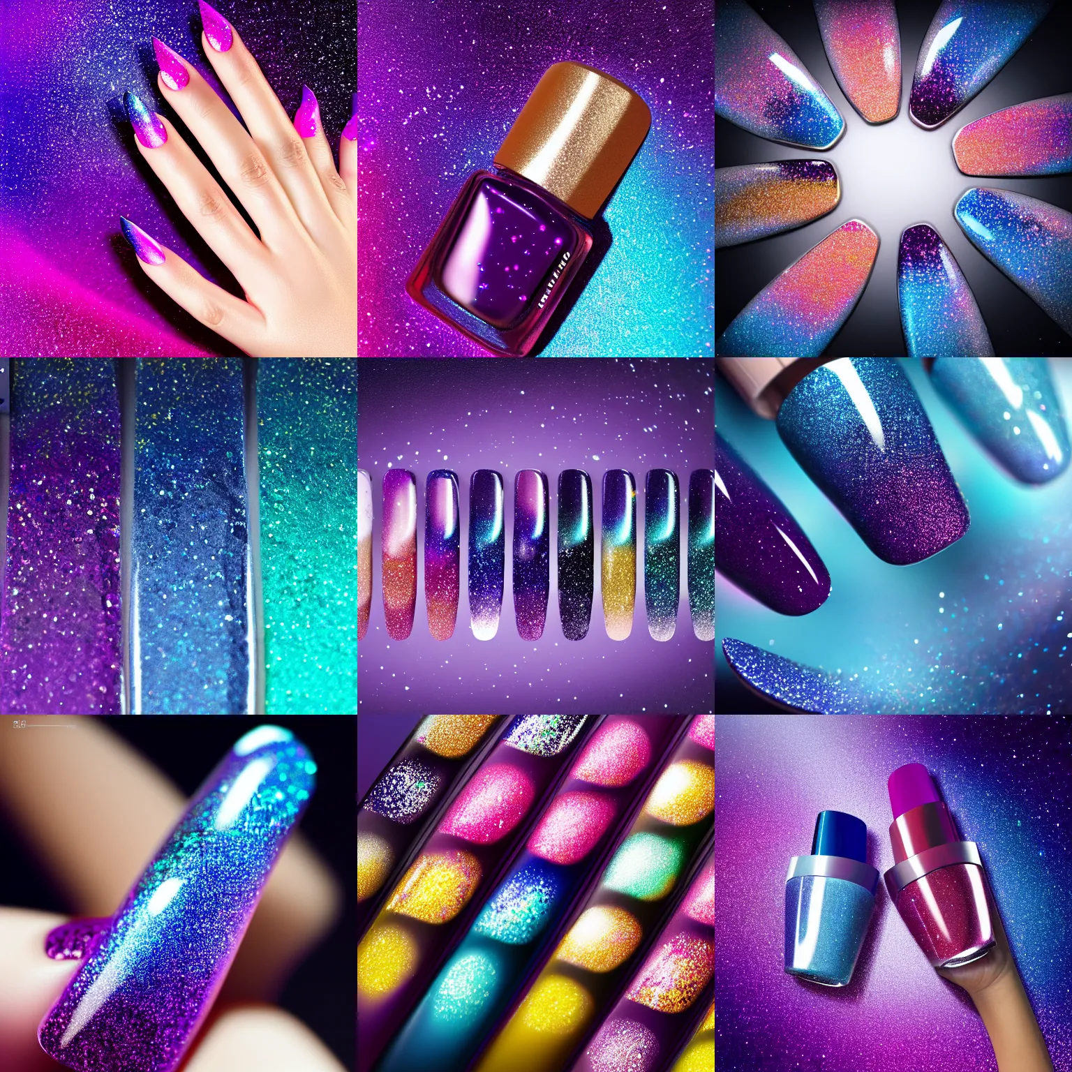 Prompt: galaxy nail polish swatches, sparkling, glitter, photorealistic, 3 d art, octane render, vray tracing, advertisement, 8 k