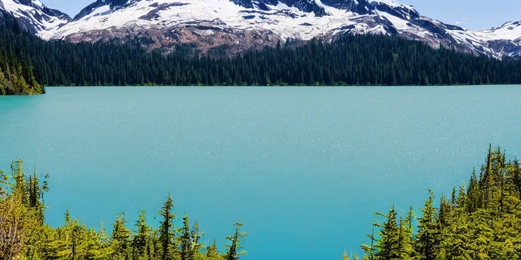 Image similar to small glacial lake, clear blue water, washington state, much green vegetation, some snow, sunny