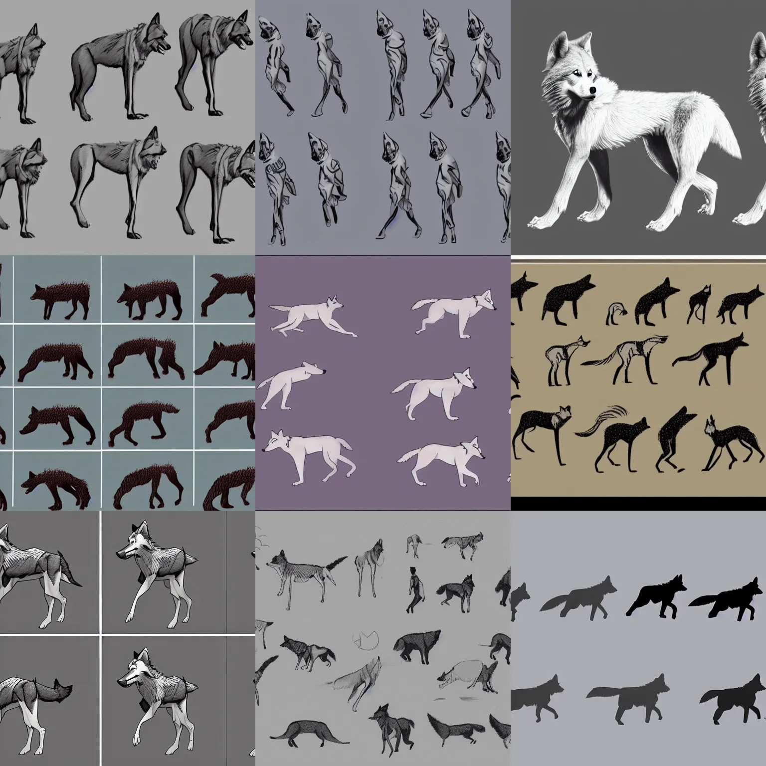 Prompt: individual animation keyframes of a wolf walking