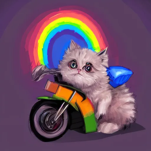 Image similar to wide angle full body, of a fluffy cute rainbow kitten wearing a black motorcycle jacket, concept art