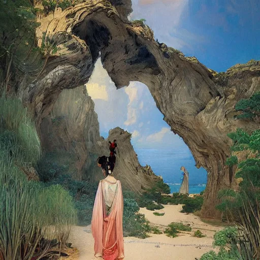 Image similar to beautiful oriental girl walks around Socotra among endemic plants and snags in a long transparent flowing dress and meets mystical animals, mystical insects, mystical birds, lizards, snakes, gorgeous, Atmosphere, hypnotic dimensions, mythology, Rococo, photorealism, in the style of Jin Kagetsu, James Jean and wlop, Valentin Serov style, Zdzislaw Beksinski style, hyperrealistic, sharp focus, intricate concept art, digital painting, ambient lighting, 4k, hdt, artstation trending on Gsociety, trending on ArtstationHQ, trending on deviantart, professionally post-processed, wide-angle action dynamic portraithyperdetailed, hyper quality, 16K