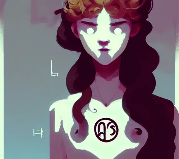 Image similar to portrait woman with long ginger curly hair, profane glowing rune, runes, by atey ghailan, by greg rutkowski, by greg tocchini, by james gilleard, by joe fenton, by kaethe butcher, by ashley wood, dynamic lighting, gradient light blue, brown, blonde cream and white color scheme, grunge aesthetic