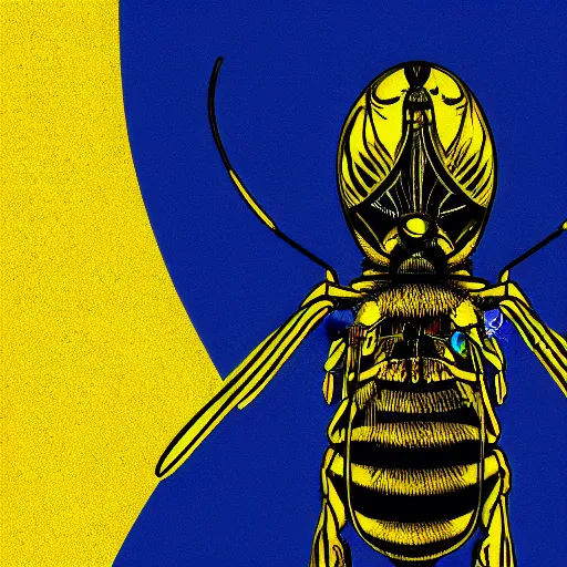 Image similar to human man that resembles a wasp morh in surreal sketch style, blue and yellow gradient, noise, ultrafine detail, hd 8k, logo illustration