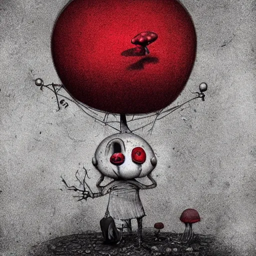 Image similar to surrealism grunge cartoon portrait sketch of the mushroom man with a wide smile and a red balloon by - michael karcz, loony toons style, pennywise style, horror theme, detailed, elegant, intricate