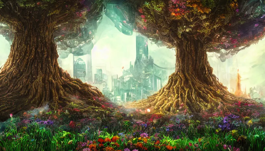 Prompt: ben lo illustration of the largest tree in the world under force field, bioshock concept art, solarpunk, hopeful, colorful, flowers, deity, unreal engine, hyper realism, realistic shading, cinematic composition, realistic render, octane render, detailed textures, photorealistic, wide shot