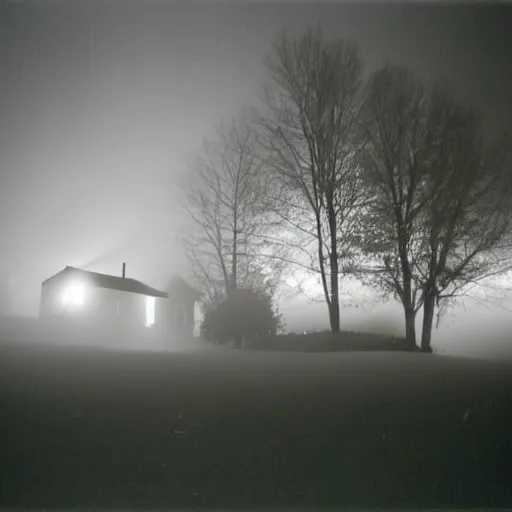 Image similar to a foggy high flash photo of a suburban home from the street at night, 2 0 0 6, taken with a disposable camera