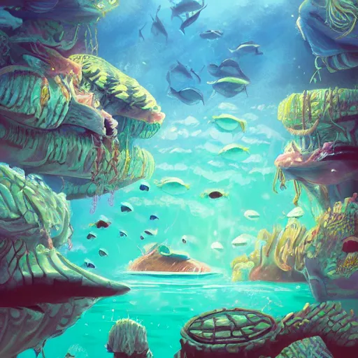 Image similar to a detailed illustration a idyllic underwater ocean scene by Alex Hirsch, trending on artstation, cgsociety, deviantart