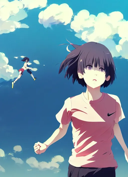 Image similar to portrait of high school runner girl, sunny sky background stadium landscape illustration concept art anime key visual trending pixiv fanbox by wlop and greg rutkowski and makoto shinkai and studio ghibli and kyoto animation symmetrical facial features short down hair sports clothing marathon race sponsors nike shirt