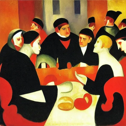 Image similar to by kathe kollwitz, by august macke awesome cardinal. a beautiful body art of a group of people gathered around a table in a tavern. they are all eating & drinking, & appear to be enjoying themselves.