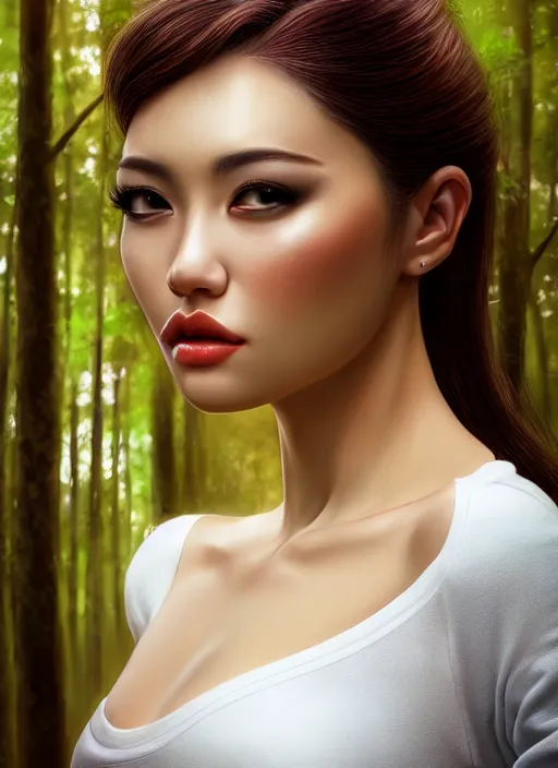 Image similar to photo of a gorgeous female in the style of stefan kostic, realistic, professionally, professionally color graded, half body shot, sharp focus, 8 k high definition, insanely detailed, intricate, elegant, art by stanley lau and artgerm, shallow depth of field, blurred forest in background