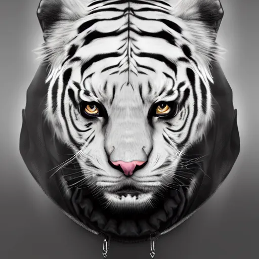 Image similar to a beautfiul award winning aesthetic commission of an antrho albino tiger wearing a black padded hooded puffer jacket,digital art,art by artgerm,character design by charles bowater,ross tran,photorealistic,detailed face,hyperdetailed,western comic,2021,artstation,deviantart