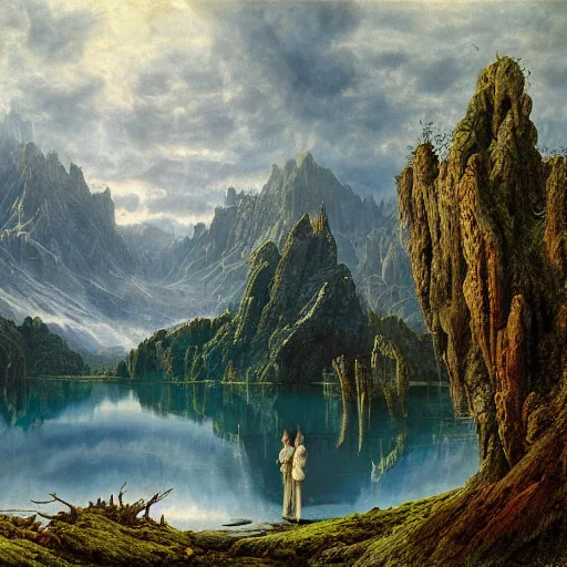 Prompt: a beautiful and highly detailed matte painting of a beautiful lake deep in the mountains, intricate details, epic scale, insanely complex, 8 k, sharp focus, hyperrealism, very realistic, by caspar friedrich, james gurney, brian froud,