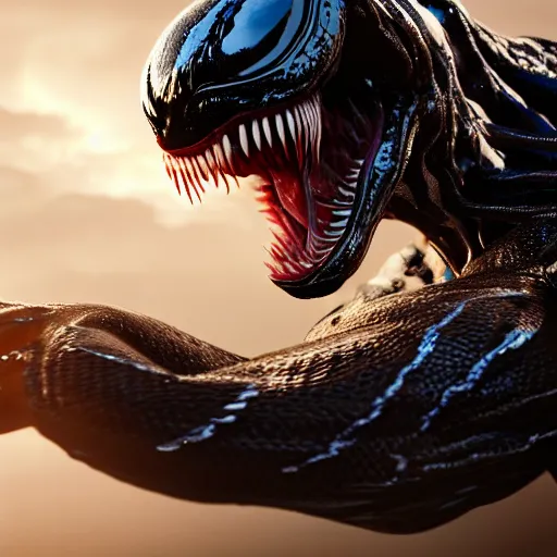 Image similar to full body pose, hyperrealistic photograph of venom, dim volumetric lighting, 8 k, octane beautifully detailed render, extremely hyper detailed, intricate, epic composition, cinematic lighting, masterpiece, trending on artstation, very very detailed, stunning, hdr, smooth, sharp focus, high resolution, award, winning photo, dslr, 5 0 mm