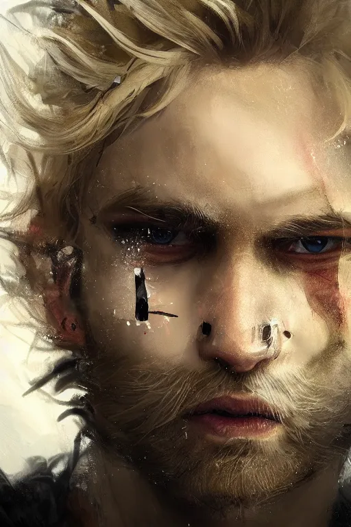 Image similar to blonde wild hair man with a little beard, one black eye - patch, close - up portrait, powerfull, intricate, elegant, volumetric lighting, scenery, digital painting, highly detailed, artstation, sharp focus, illustration, concept art, ruan jia, steve mccurry