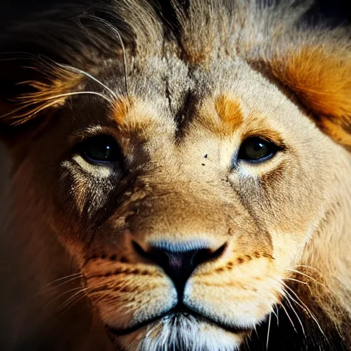 Image similar to a tiny lion peeking his head out of a coffee mug, close up shot.