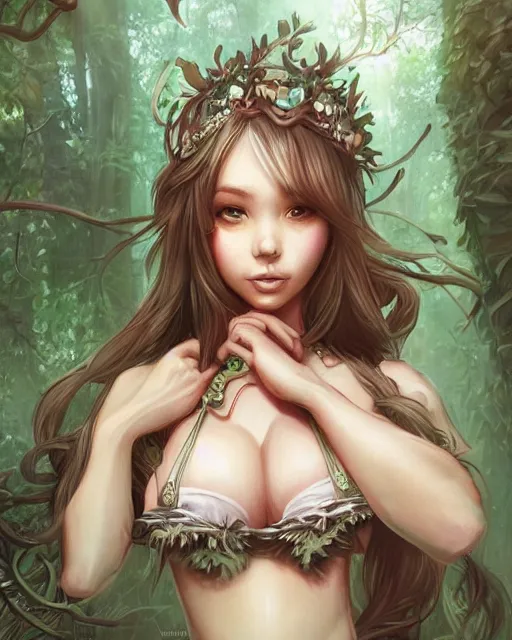 Image similar to A beautiful maid in a magical forest, bikini, beautiful face, very detailed face, fantasy art, in the style of artgerm, illustration, epic, fantasy, intricate, hyper detailed, artstation, concept art, smooth, sharp focus