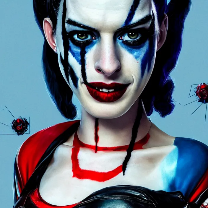 Image similar to portrait of Anne Hathaway as a harley quinn in Suicide Squad. intricate abstract. intricate artwork. by Tooth Wu, wlop, beeple, dan mumford. octane render, trending on artstation, greg rutkowski very coherent symmetrical artwork. cinematic, hyper realism, high detail, octane render, 8k, iridescent accents