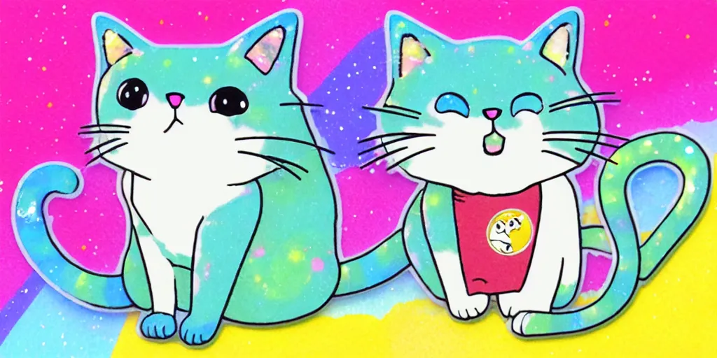 Image similar to a cat speaking, puffy sticker, glitter sticker by studio ghibli, by lisa frank 8 k pastel colours, isometric, smeared watercolours,