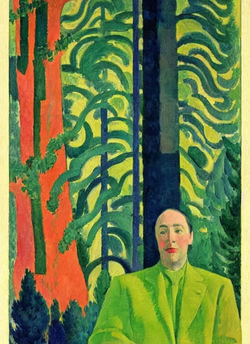 Prompt: a portrait of a man enshrouded in an impressionist representation of mother nature and the meaning of life by sonia delaunay and william holman hung, the man is surrounded by luscious botany and massive redwood trees by cuno amiet, thick watercolor brush strokes, portrait painting by daniel garber, vintage postcard illustration