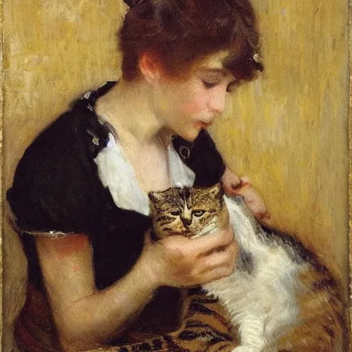 Image similar to young woman petting her cat by alfred stevens
