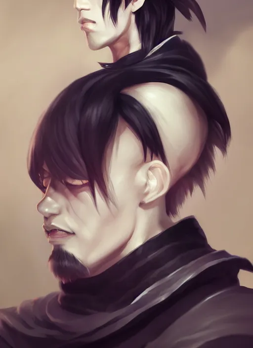 Image similar to a highly detailed illustration of fierce short white!!! haired young japanese man wearing hakama, black! sclera! eyes, dramatic serious pose, muscular, intricate, elegant, highly detailed, centered, digital painting, artstation, concept art, smooth, sharp focus, league of legends concept art, wlop