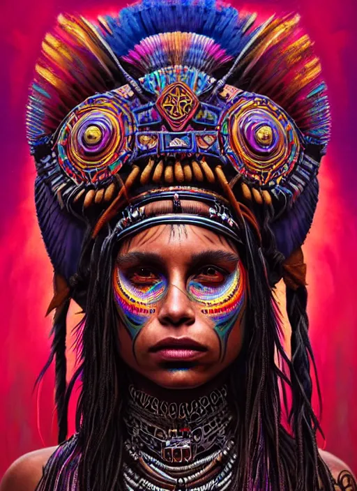 Image similar to portrait of zoe kravitz, hyper detailed ultra sharp aztec shaman warrior. trending on artstation, warpaint aesthetic, bloodwave, colorful, psychedelic, ornate, intricate, digital painting, concept art, smooth, sharp focus, illustration, art by artgerm and greg rutkowski and h. r. giger, 8 k