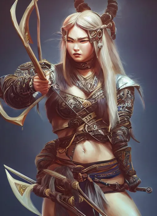 Image similar to a highly detailed illustration of fierce mongol warrior woman with bow, heroic shooting bow pose, perfect hyperdetailed face, intricate, elegant, highly detailed, centered, digital painting, artstation, concept art, smooth, sharp focus, league of legends concept art, wlop.