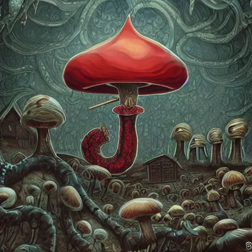 Image similar to A centered chest up portrait of a psychedelic demonic anthropomorphic snake smoking a hand-rolled cigarette smoking heavily , magic mushroom village in background , award winning. superb resolution. in the art style of junji Ito and greg rutkowski . Detailed Mushroom city in background. Hyper realistic anime. Perfect art. Dalle2