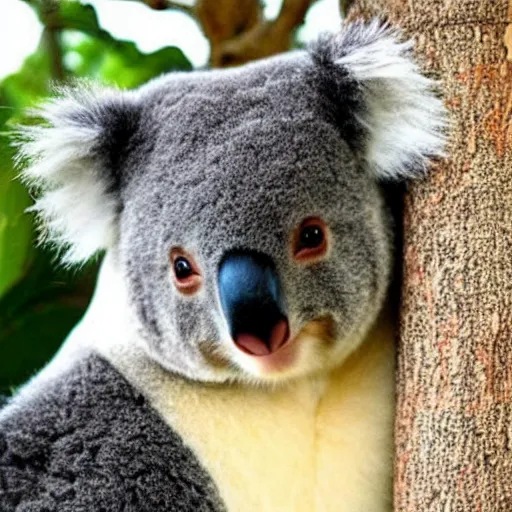 Prompt: a koala with fur colored like a panda