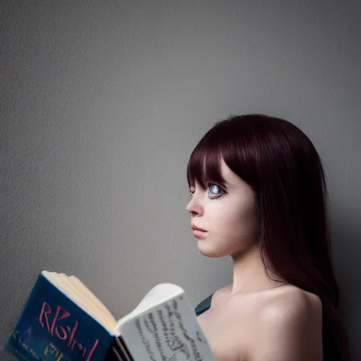 Image similar to a girl reading a book, modelsociety, radiant skin, huge anime eyes, RTX on, perfect face, intricate, Sony a7R IV, symmetric balance, polarizing filter, Photolab, Lightroom, 4K, Dolby Vision, Photography Award