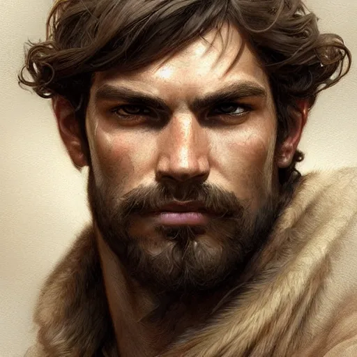 Prompt: portrait of a young rugged ranger, muscular, bust, hairy chest, D&D, fantasy, intricate, cinematic lighting, highly detailed, digital painting, artstation, concept art, smooth, sharp focus, illustration, art by Artgerm and Greg Rutkowski and Alphonse Mucha