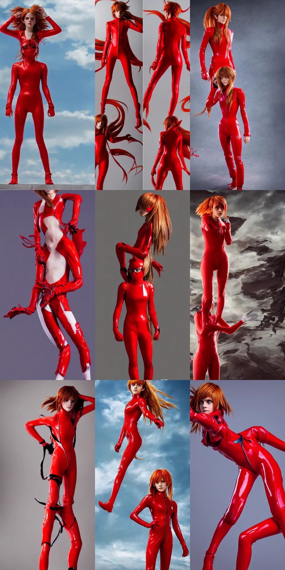 Prompt: Emma Watson cosplaying as Asuka Langley in her signature red plugsuit, solo photoshoot, DSLR, wallpaper, cinematic 4K blu-ray render, japanese live-action movie