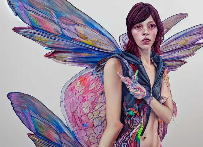 Image similar to a painting by martine johanna of a fairy with big wings wearing a hoodie standing in a township street in the style of jenny saville, street fashion outfit, haute couture fashion shoot, fairy, d & d, fantasy sticker illustration, artstation