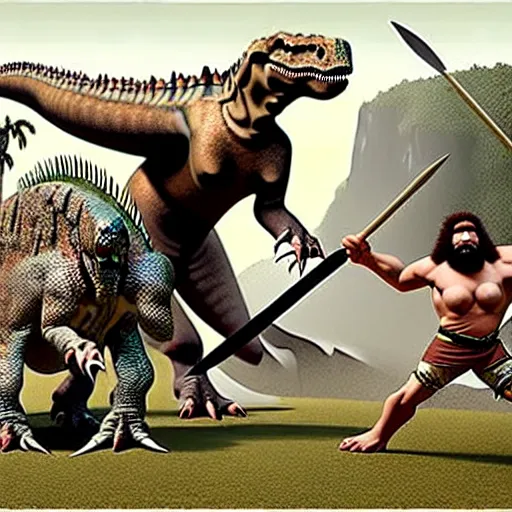 Image similar to A large dinosaur! fighting with several realistic detailed cavemen with proportioned bodies, next to the dinosaur are cavemen, the cavemen are armed with spears, the caveman are in a fighting stance, the cavemen are wearing animal furs, one caveman is stabbing the dinosaur with his spear, one caveman is cowering in fear, coarse canvas, visible brushstrokes, intricate, extremely detailed painting by William Turner (and by Greg Rutkowski)