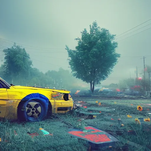 Image similar to car wreckage with ukrainian flag, with graffiti of sunflowers, rusty, volumetric illumination, octane render, cinematic lightning, artstation trending, 8 k