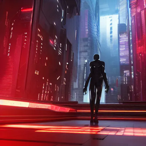 Prompt: photo of death walking in a futuristic city in a dystopian future made of electronic components and looks like a giant pcb board. Very detailed 8k. Unreal engine 5 render with nanite, global illumination and path tracing. Cinematic post processing. Emphasize on the colors black and red.