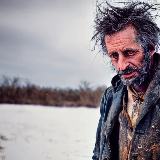 Image similar to A feral and dishevelled doctor in his natural habitat. He is in his forties and wearing a dirty worn out doctor\'s coat. 4K, National Geographic photograph