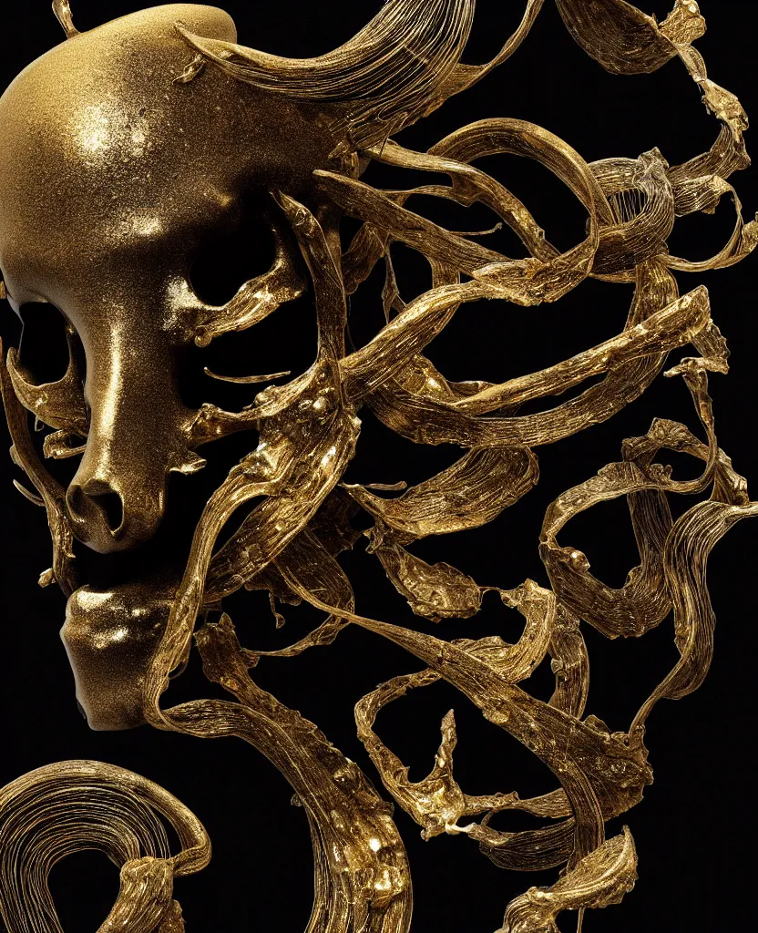 Image similar to fully black background. background hex 000000. goddess princess face close-up portrait ram skull. sculpture made of gold and black charcoal. jellyfish phoenix head, nautilus, orchid, skull, betta fish, bioluminiscent creatures, intricate artwork by Tooth Wu and wlop and beeple. octane render, trending on artstation, greg rutkowski very coherent symmetrical artwork. cinematic, hyper realism, high detail, octane render, 8k