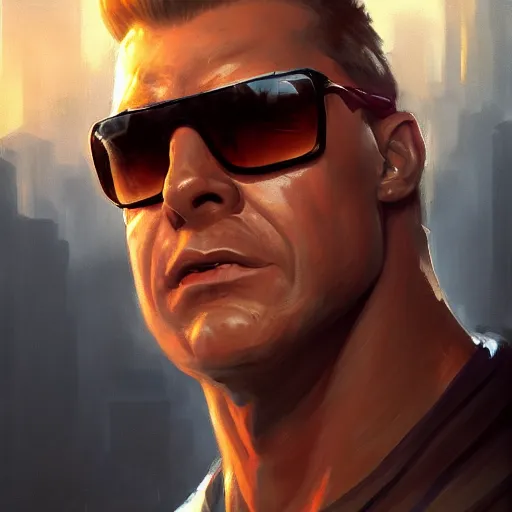 Image similar to a closeup portrait of duke nukem, dramatic light, city background, sunset, high contrast, sharp, painted by stanley lau, painted by greg rutkowski, painted by stanley artgerm, masterpiece, digital art, trending on artstation