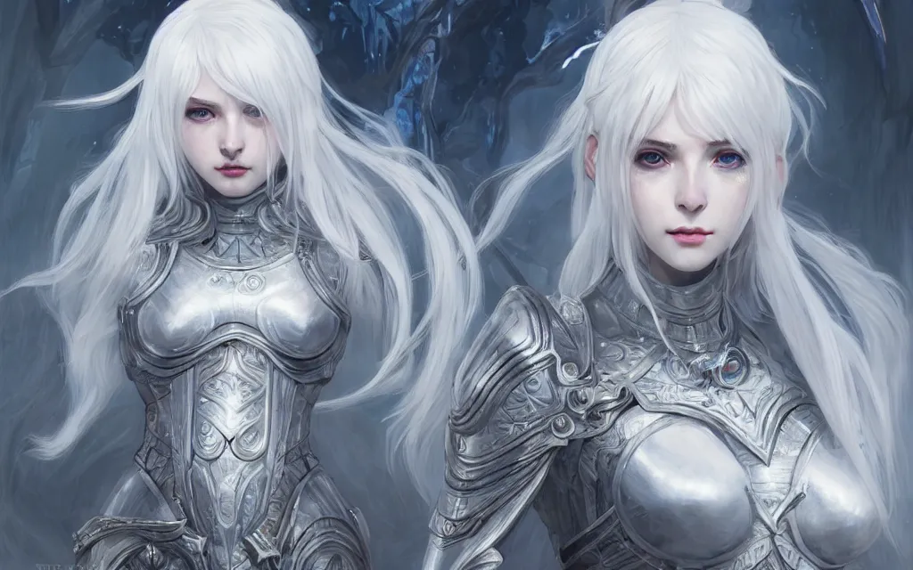 Image similar to portrait white hair knights of zodiac girl, matt white ice color armor, in ruined agora of athens, ssci - fi and fantasy, intricate and very very beautiful and elegant, highly detailed, digital painting, artstation, concept art, frostbite engine, smooth and sharp focus, illustration, art by tian zi and wlop and alphonse mucha