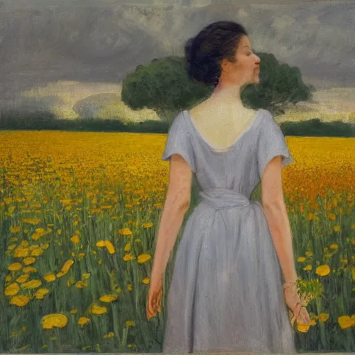 Prompt: woman standing in a flower field, head of flowers