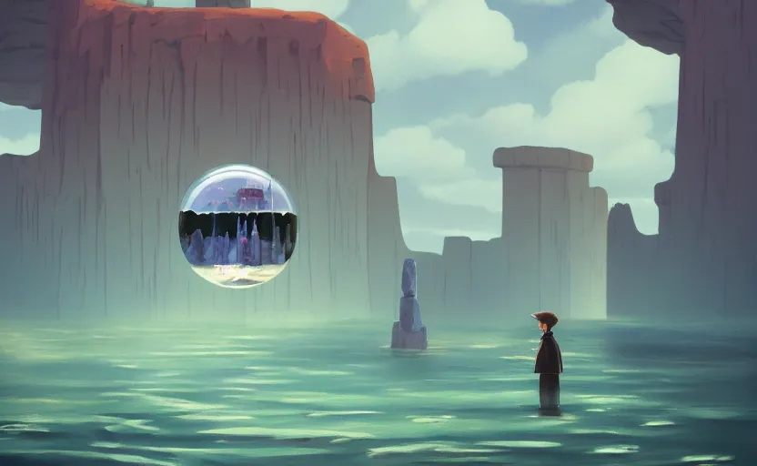 Image similar to hyperrealist painting of a cube inside a giant transparent bubble from howl's moving castle ( 2 0 0 4 ) in a flooded monument valley stonehenge jungle. 1 9 7 0 s science fiction, moody, misty, depth perception, 4 k, artstation, in the style of studio ghibli